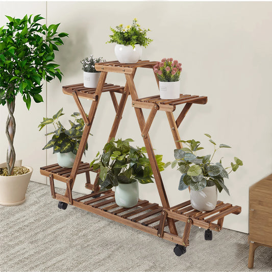 Wood Plant Shelf Triangular Stand with Wheels Mobile Display