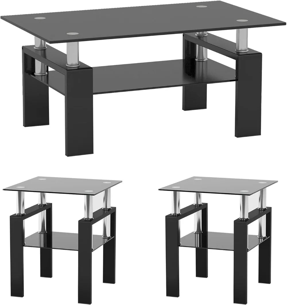 Modern Tempered Glass Table Set, 3-Piece, includes Black Metal Frame Coffee Table with Matching End Tables