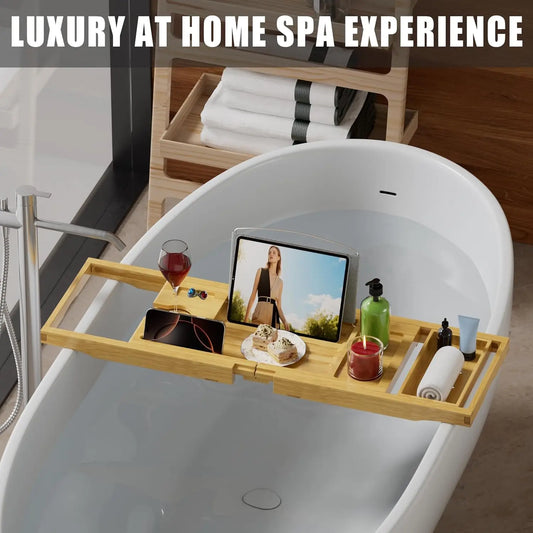 Bamboo Bathtub Caddy Tray Foldable Expandable Bath Organizer