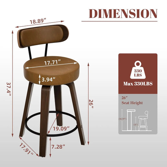 Set of 3 Leather Bar Stools 26 Inch Swivel Counter Height Chairs