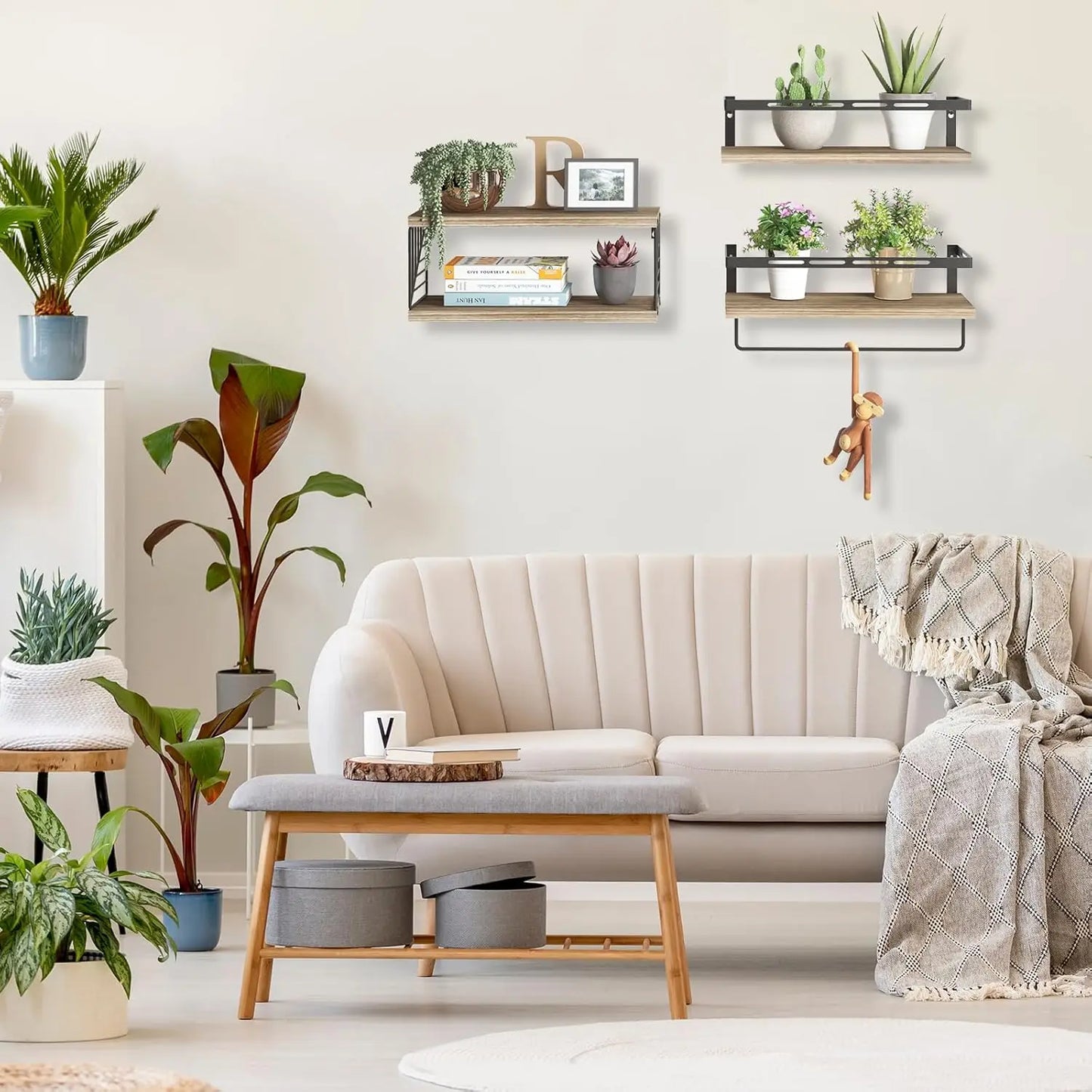 3+1 Floating Shelves Over Toilet with Metal Frame and Towel Bar for Bathroom in Rustic Brown