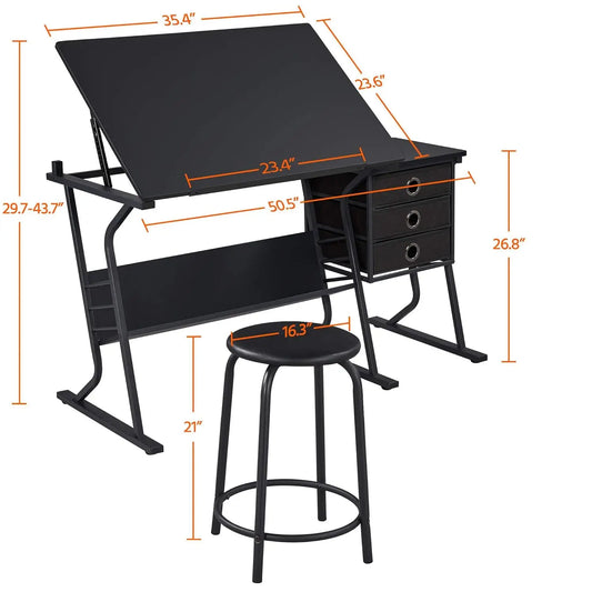 Drafting Table for Artists, Drawing Desk, Tabletop, Adjustable, with Stool and 3 Slide Drawers