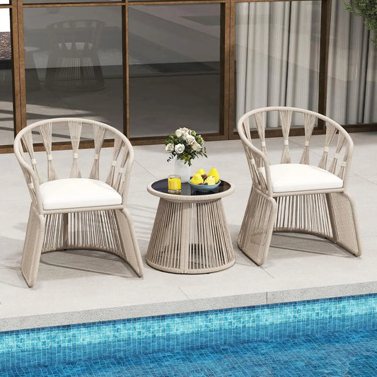 Patio Furniture Set 3 Piece Rope-Woven Cushioned with Glass Table