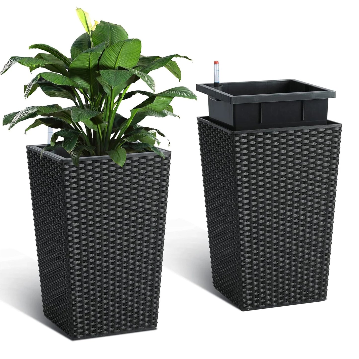 Tall Rattan Planter Set of 2 Outdoor and Indoor Plant Pots with Water Level Monitor & Wheels