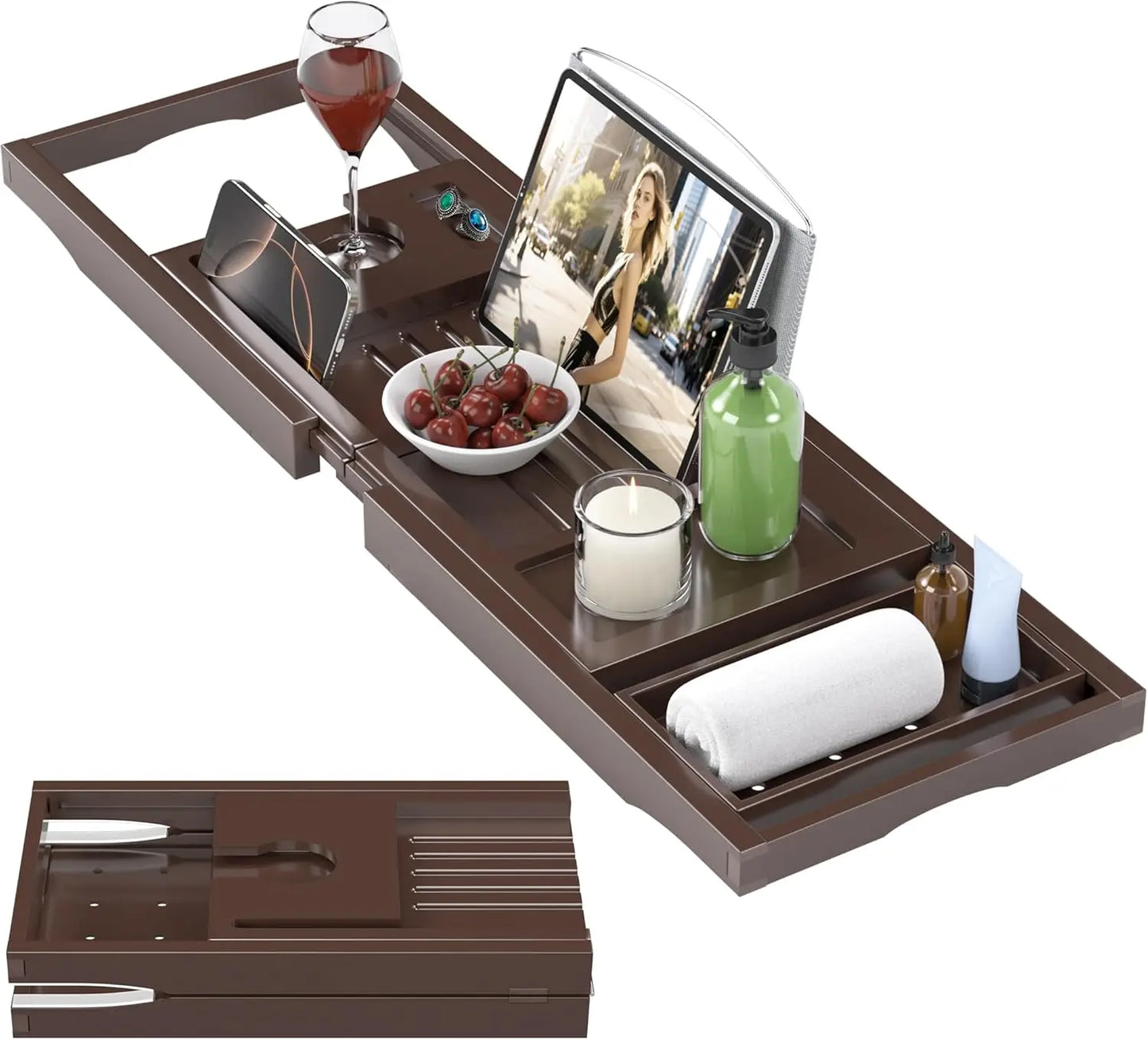 Bamboo Bathtub Caddy Tray Foldable Expandable Bath Organizer