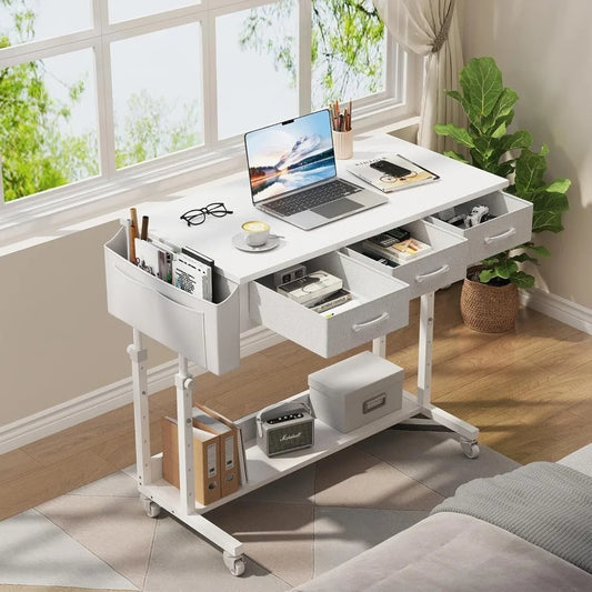Portable Rolling Computer Desk 40" Adjustable w/ 3 Fabric Drawers