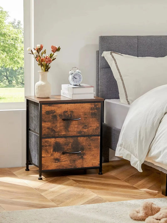Two Drawer End Table Nightstand with Fabric Lined Drawers
