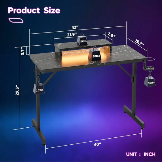 Gaming Computer Desk 42" w/ LED Lights, Monitor Stand & Accessories
