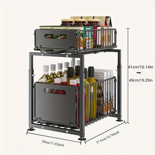 2 Tier Slide Out Cabinet Organizer, Heavy Duty, Under Sink Storage Shelf with Adjustable Metal Shelf, 2 Pack