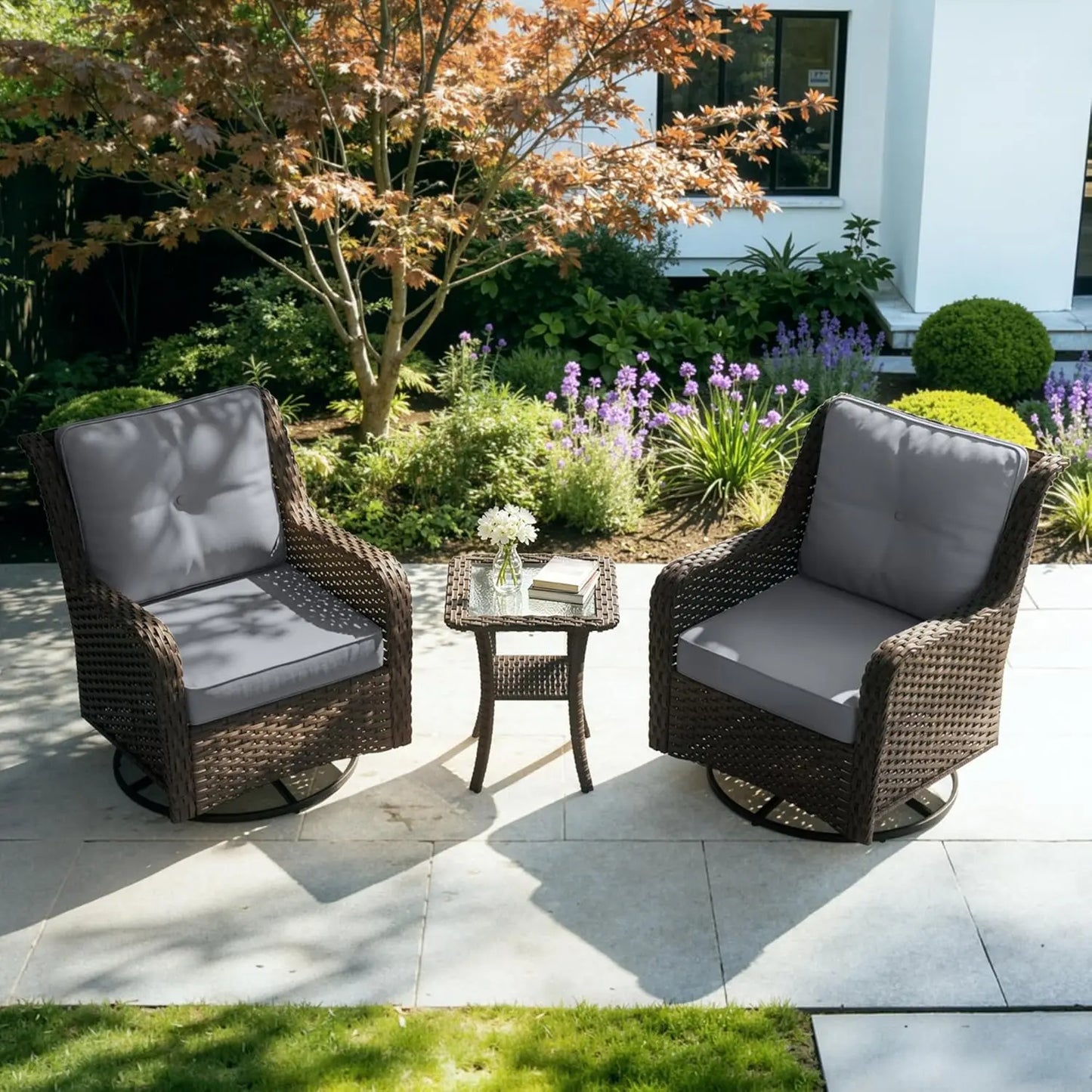 3 Piece All-Weather Wicker Swivel Rocker Patio Set With Table & Cloud-Like Cushions