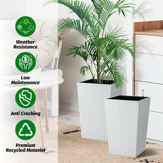 Tall Rattan Planter Set of 2 Outdoor and Indoor Plant Pots with Water Level Monitor & Wheels