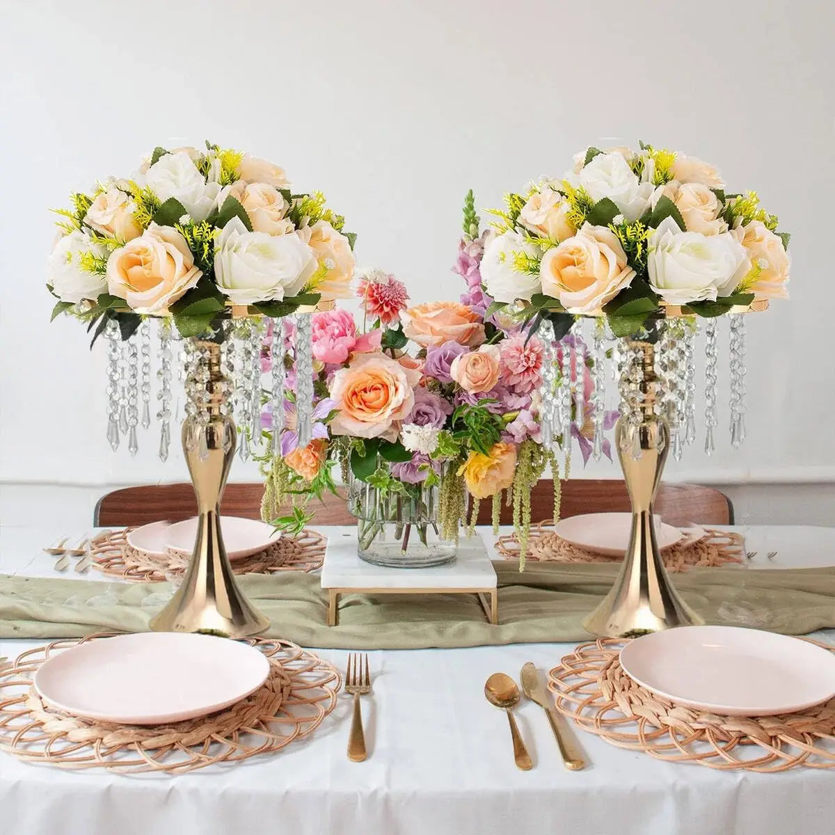 Table Centerpiece Set of 8 Gold Vase Stand with Crystals