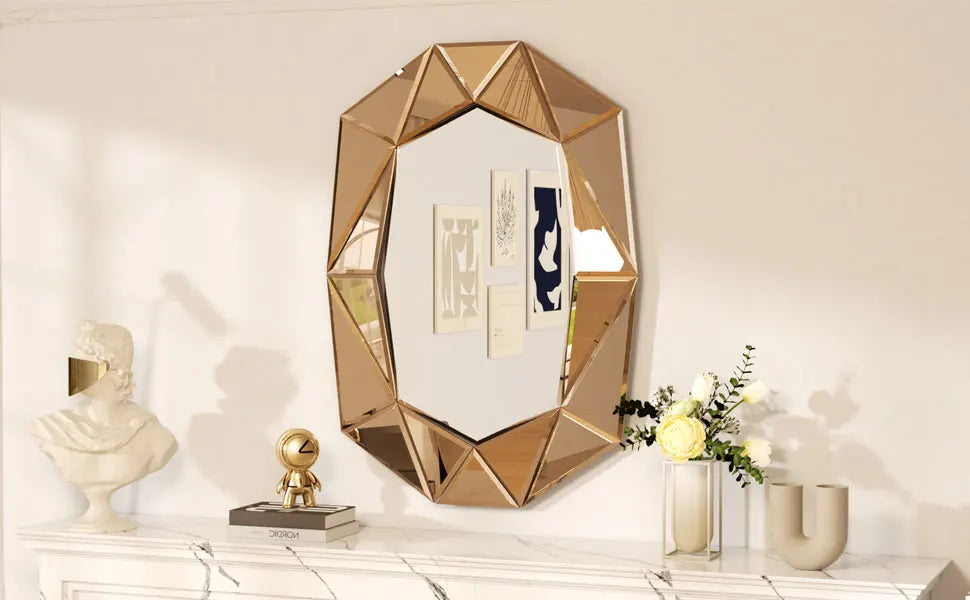 Accent Decor, Stylish Irregular Silver Glass Wall Mirror with Beveled Diamond Edge
