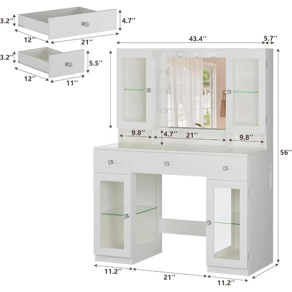 Vanity Desk with Mirror 43" RGB Lights Glass Top Power