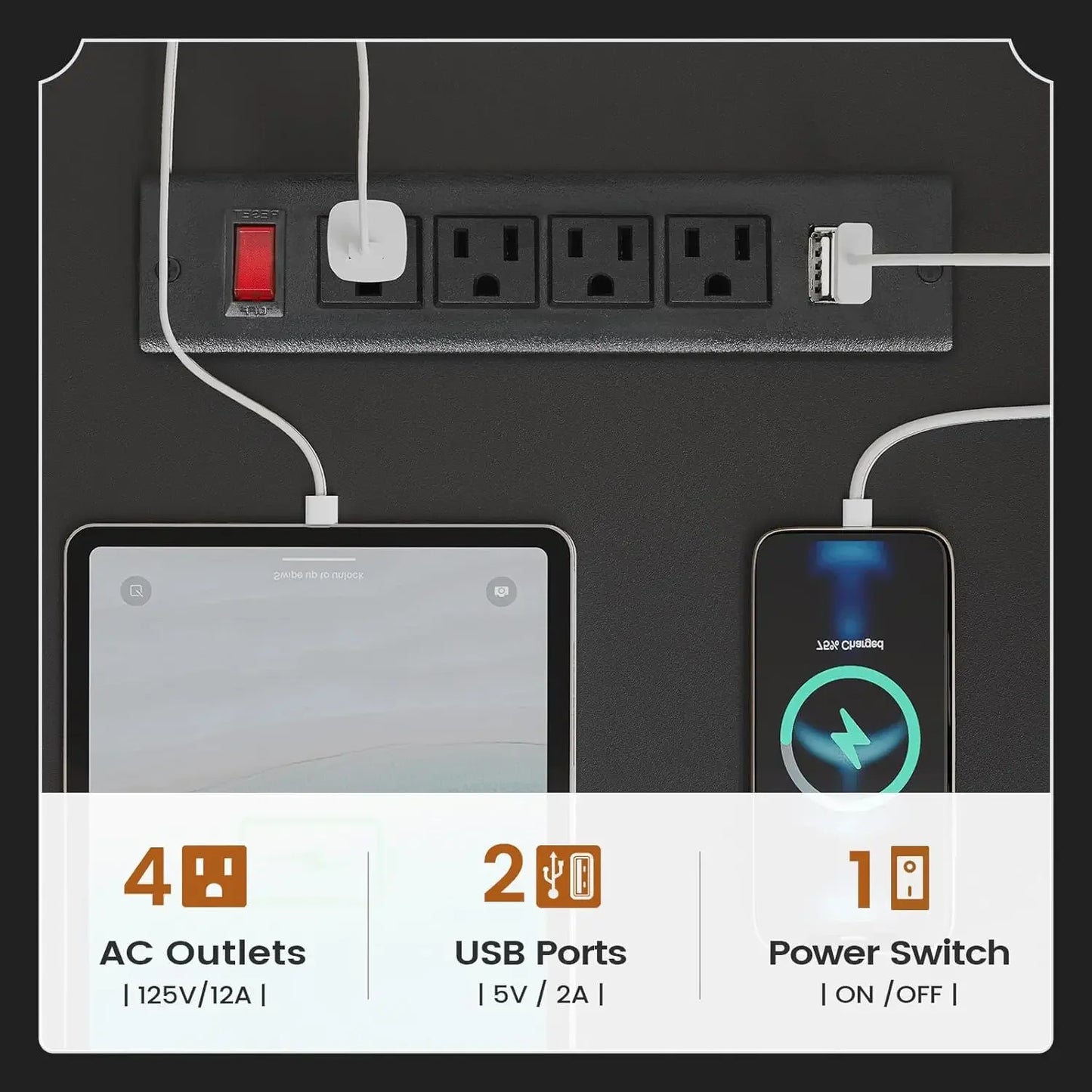 55 Inch Desk 3 Drawers AC Outlets USB Ports On/Off Switch
