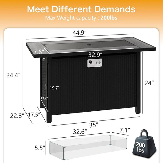 45in Fire Table 50000 BTU 3-in-1, Propane Fire Pit with Glass Wind Guard and Rain Cover, Customized