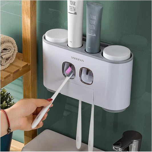 Wall Mounted Toothbrush Holder with Automatic Toothpaste Dispenser, 4 Cups & 5 Slots