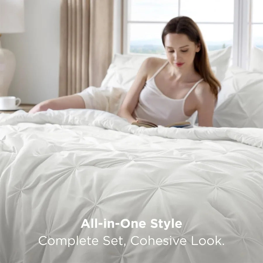 Comforter Set 7-Piece White Soft Pintuck Bedding