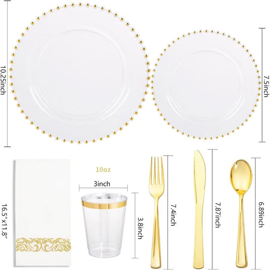 Disposable Dinnerware Set 350-Pcs Clear Plastic Gold Rim Elegant