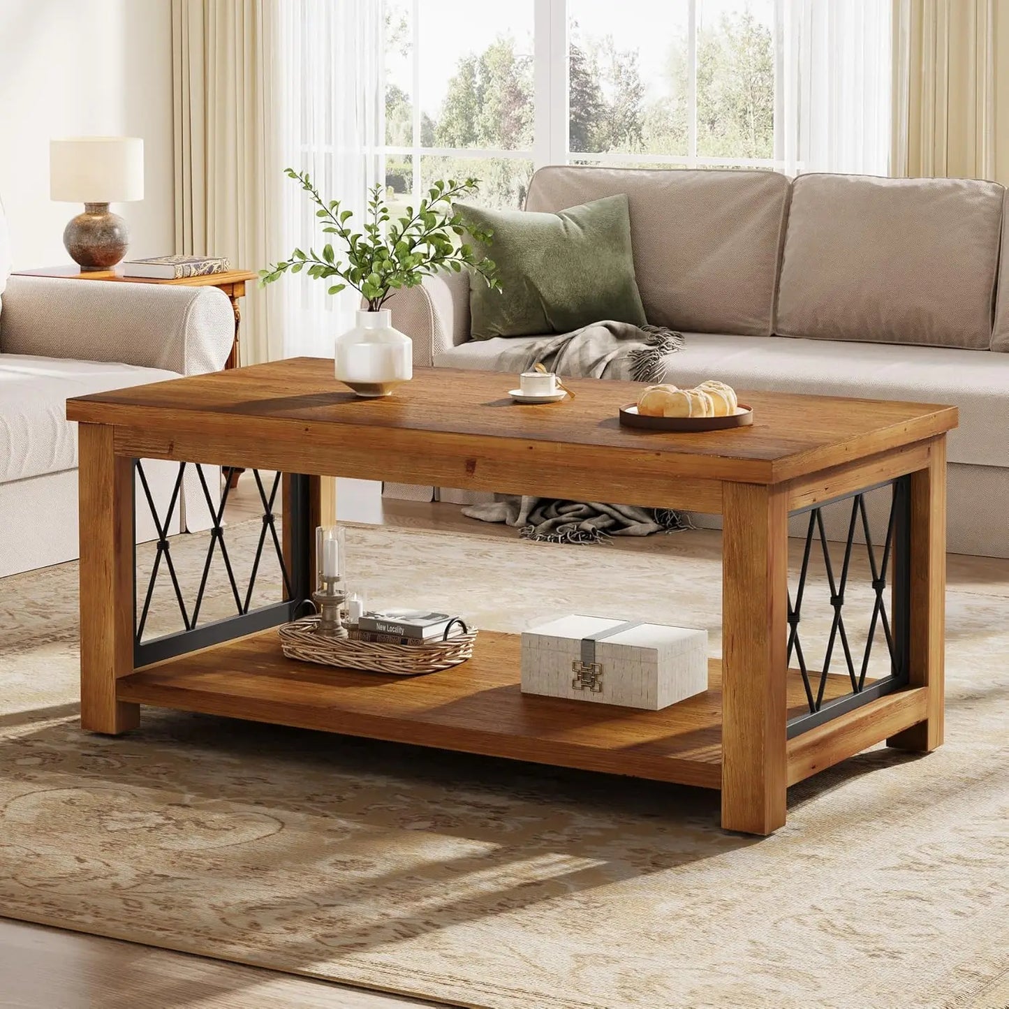 47.2" Solid Wood Coffee Table, 2-Tier with Metal Frame