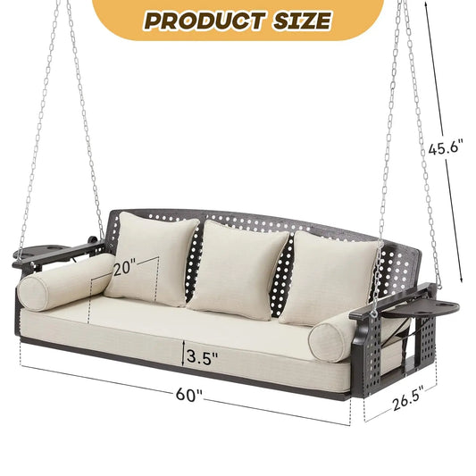 3 Seat Porch Swing with Cup Holders Cushions and Chains Outdoor Swing