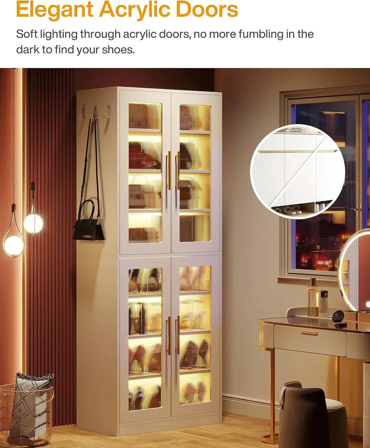 Storage Cabinet Tall Acrylic Doors LED Lights Adjustable Shelves