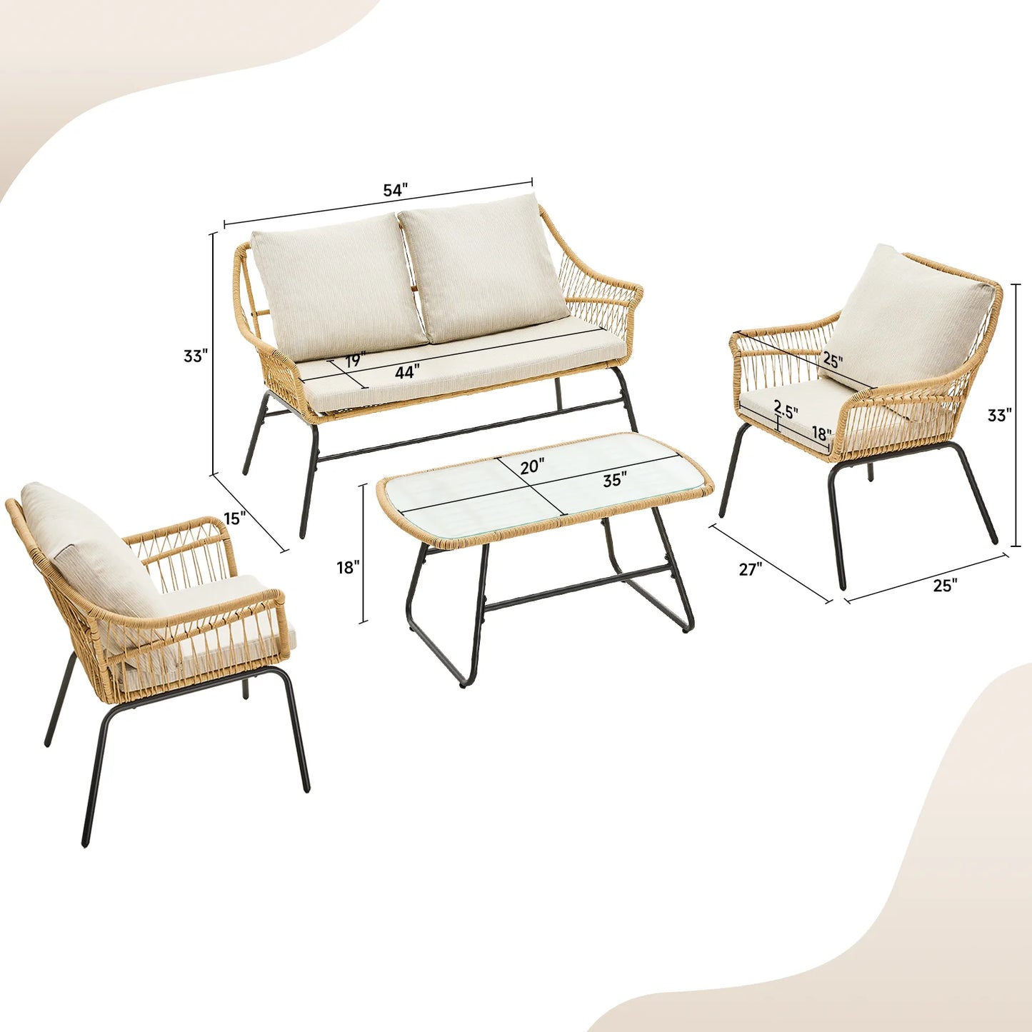 4 Piece Patio Wicker Set Loveseat Chairs Glass Table Outdoor Furniture