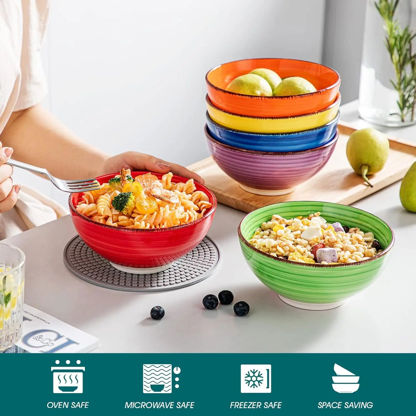 Ceramic Soup Bowls Set 6 Colorful 27 Oz Microwave Dishwasher Safe