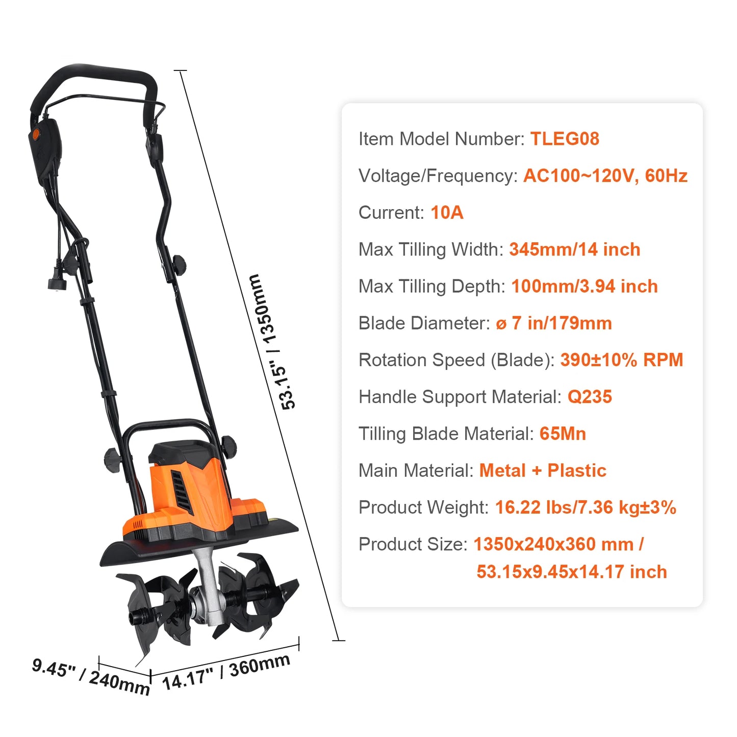 Electric Tiller 12 Amp 18" Width 3.94" Depth Corded