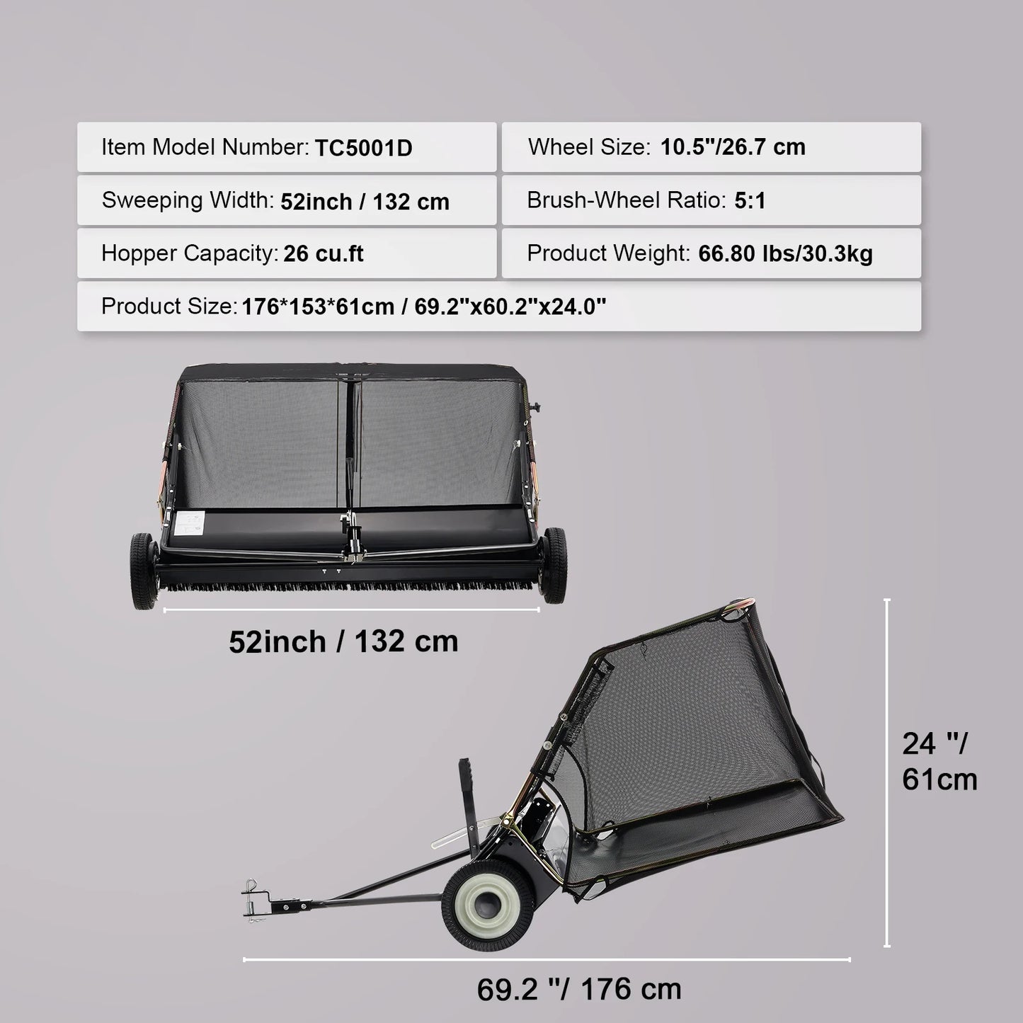 Tow Behind Lawn Sweeper 52 Inch Heavy Duty 26 Cu Ft Grass Collector