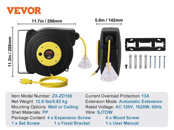 Retractable Extension Cord Reel, 50FT, Lighted Triple Tap Outlet, 13Amp Circuit Breaker ,180° Swivel Bracket