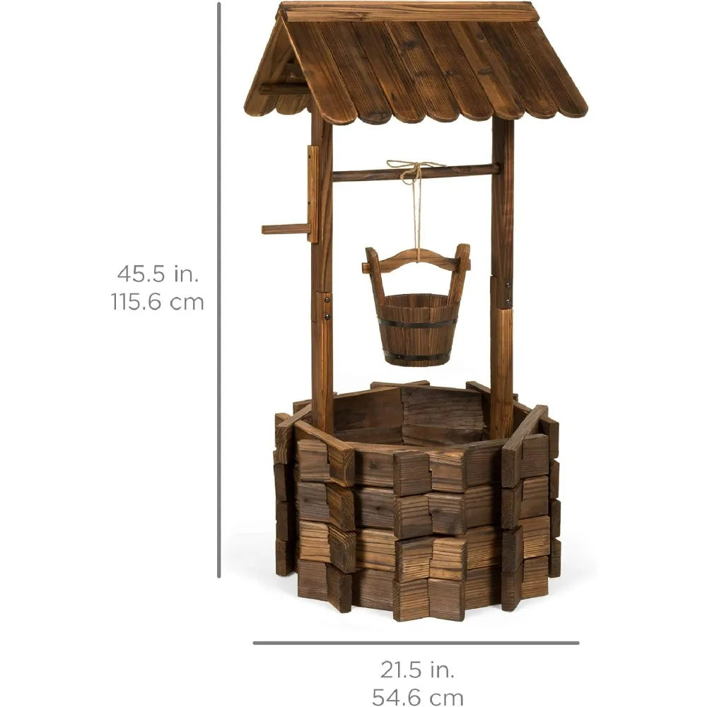 Rustic Wooden Wishing Well Planter w/Hanging Bucket