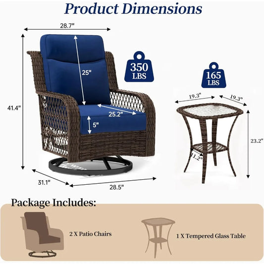 Outdoor Swivel Rocker Chairs 3 Pcs with Rattan Side Table Set