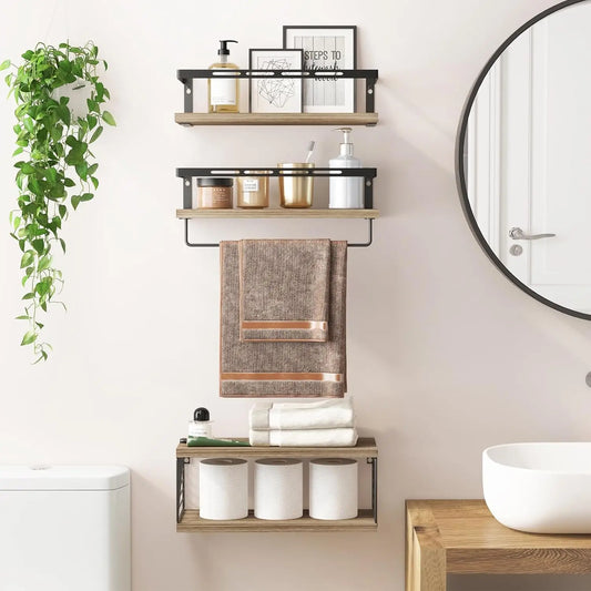 3+1 Floating Shelves Over Toilet with Metal Frame and Towel Bar for Bathroom in Rustic Brown