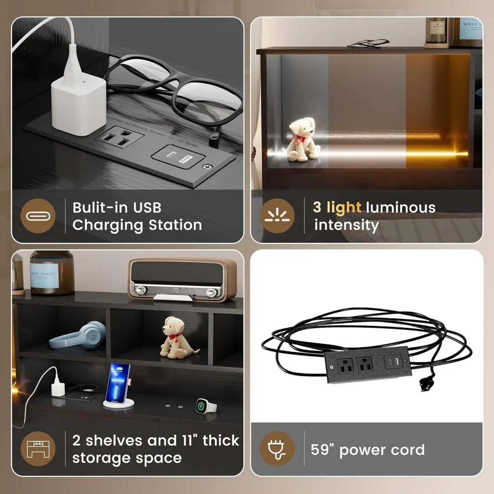 Wooden King Size Headboard with Storage USB Ports and LED Lights
