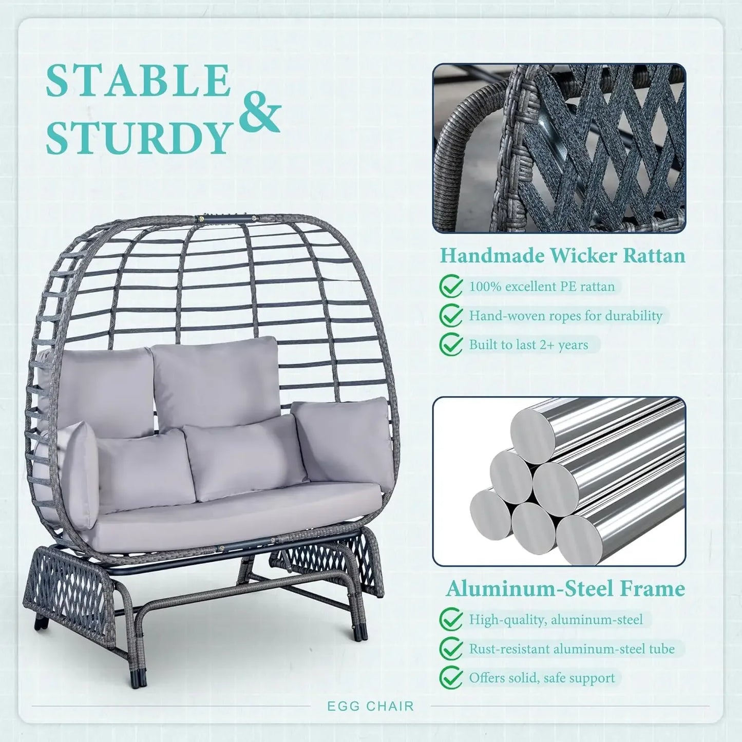 Double Egg Patio Chair 2 Person Oversized Wicker Rocking Glider