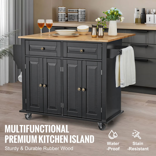Kitchen Rolling Island Cart 43in Wood Top Storage Cabinet