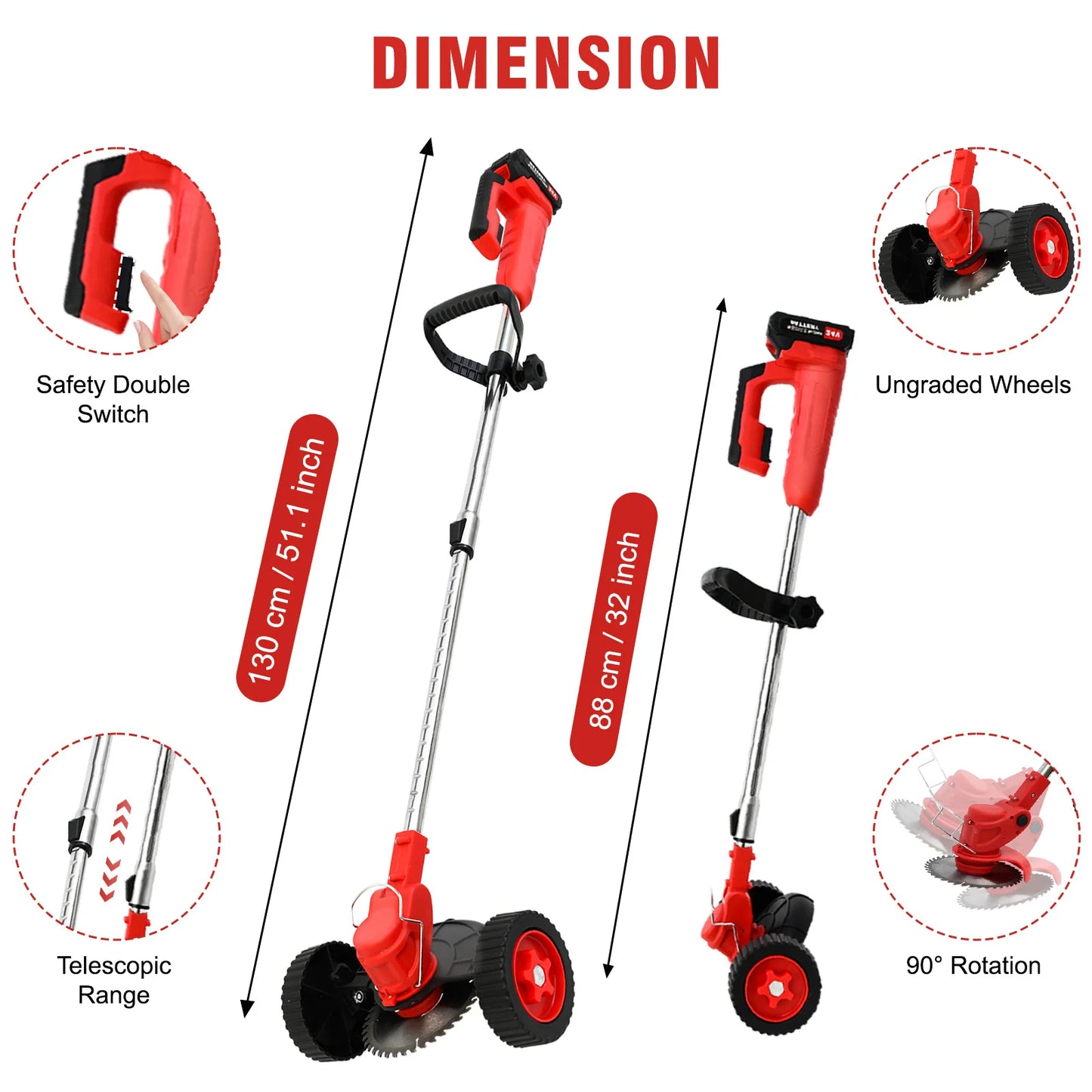 Cordless Grass Trimmer 3-in-1 Brush Wheels 21V/24V Lithium Battery