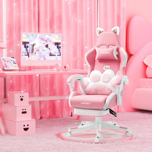 Cat-ear Gaming Chair with Footrest, Adjustable, Lumbar Support, Cotton-filled Cushions-3 colors available
