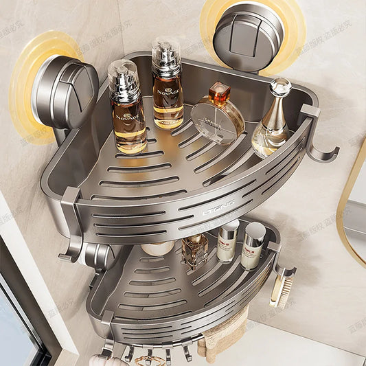 Suction Cup Corner Shower Caddy - Stainless Steel, No-Drill, Rustproof, with Hooks