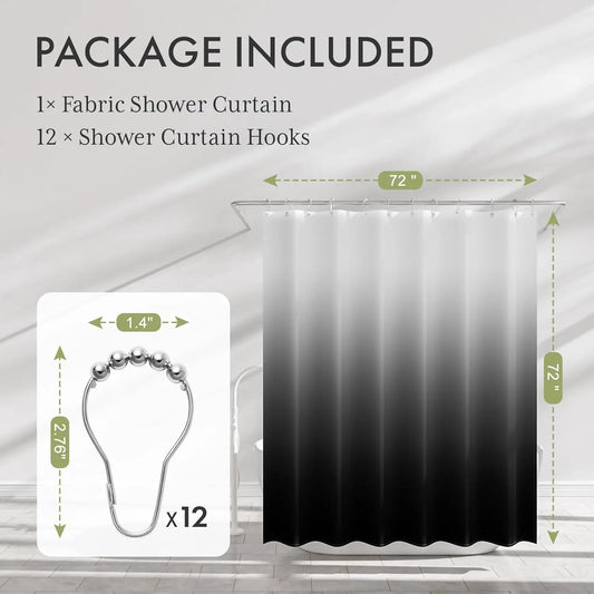 Black Shower Curtain Ombre 72x72 Set with 12 Hooks