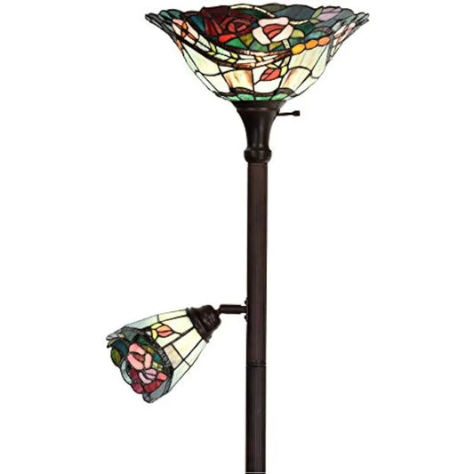 Rose Flower Tiffany Floor Lamp Stained Glass Torchiere with Sidelight