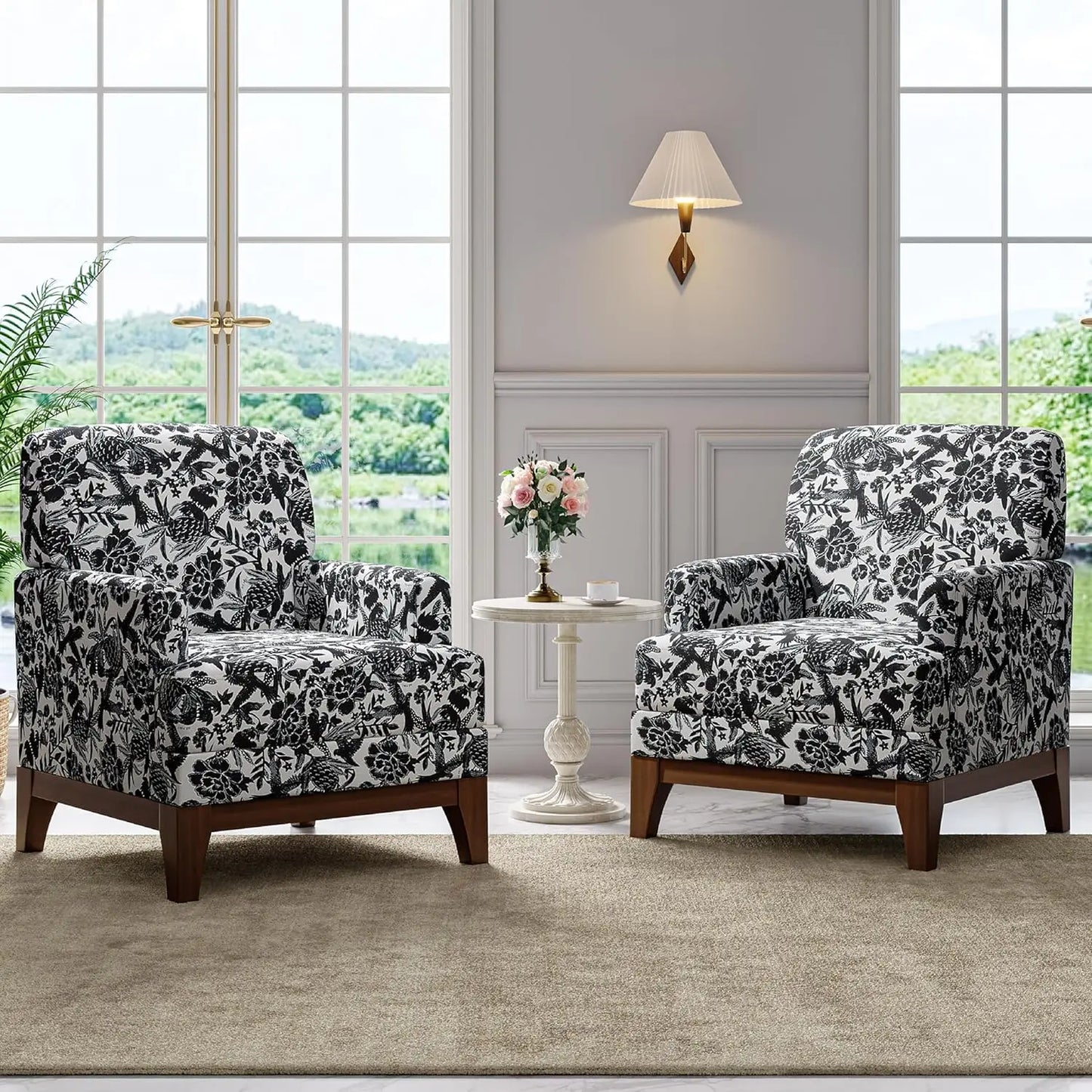 Floral Accent Chair Set Of 2, Upholstered Armchair With Solid Leg, Comfy Reading Single Sofa With Spring-Padded, Customized