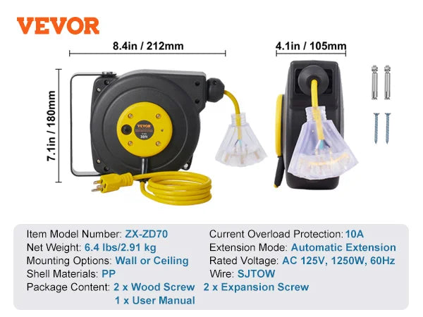Retractable Extension Cord Reel, 30FT, Lighted Triple Tap Outlet, with 4.5FT Lead-in Cord