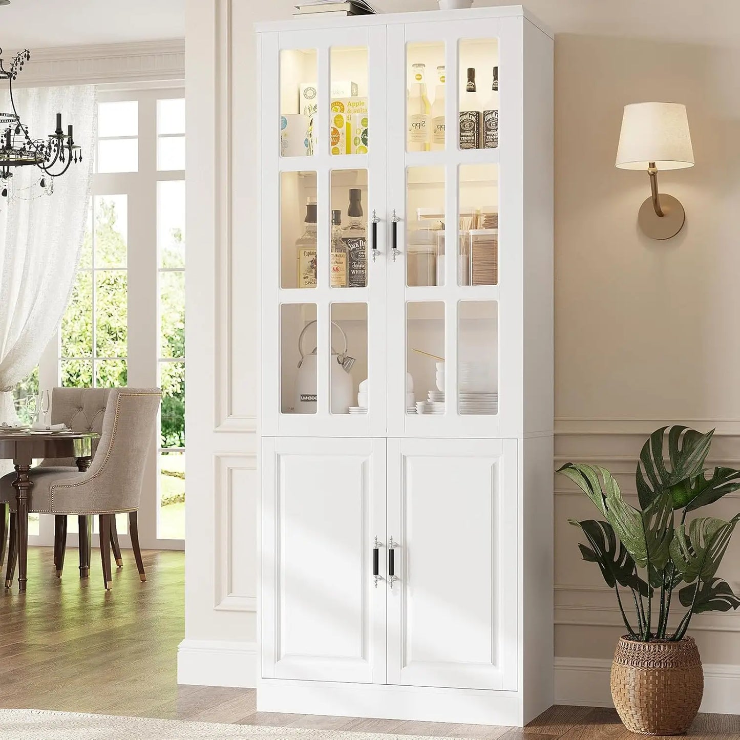 Freestanding Cabinet Glass Doors 78.7 H 63 W LED Lights Drawers