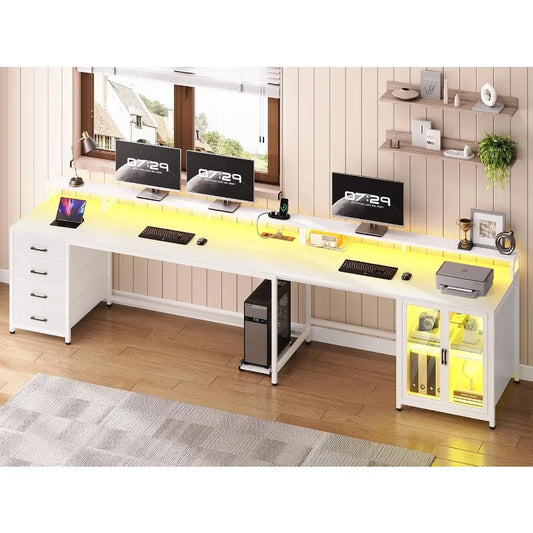 L Shaped Desk with 4 Drawers Display Cabinet and LED Lights