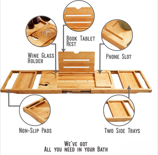 Bathtub Caddy Tray Bamboo Foldable Expandable Bath Rack