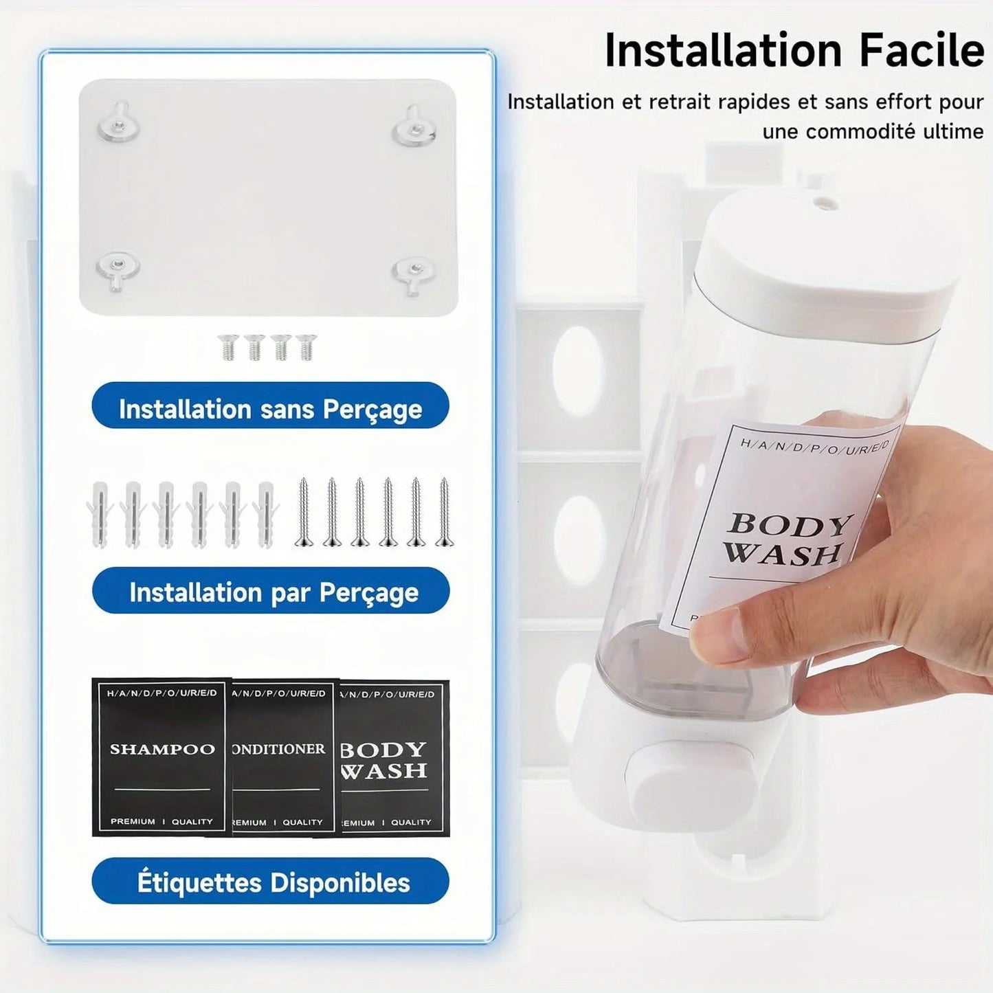 Wall-mounted Soap Dispenser, Shower Gel Dispenser, 3-in-1 Shampoo and Conditioner Dispenser