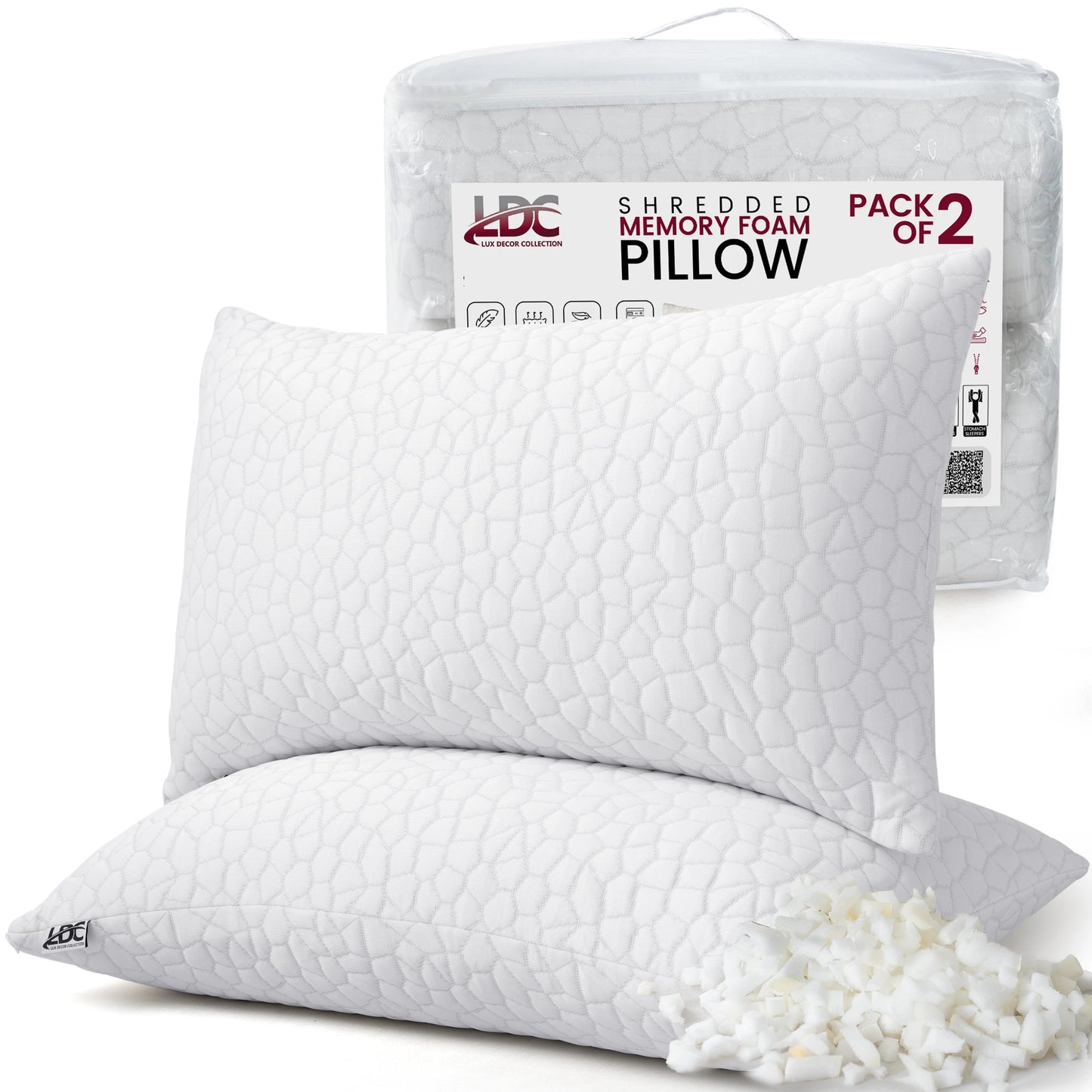 Shredded Memory Foam Pillows 2 Pack Adjustable Loft Washable Cover