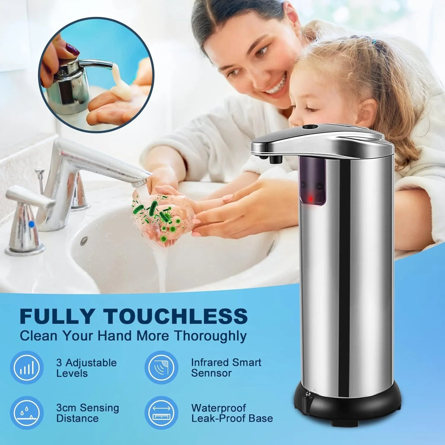 Automatic Liquid Soap Dispenser, Touchless. Infrared Sensor With Adjustable Levels